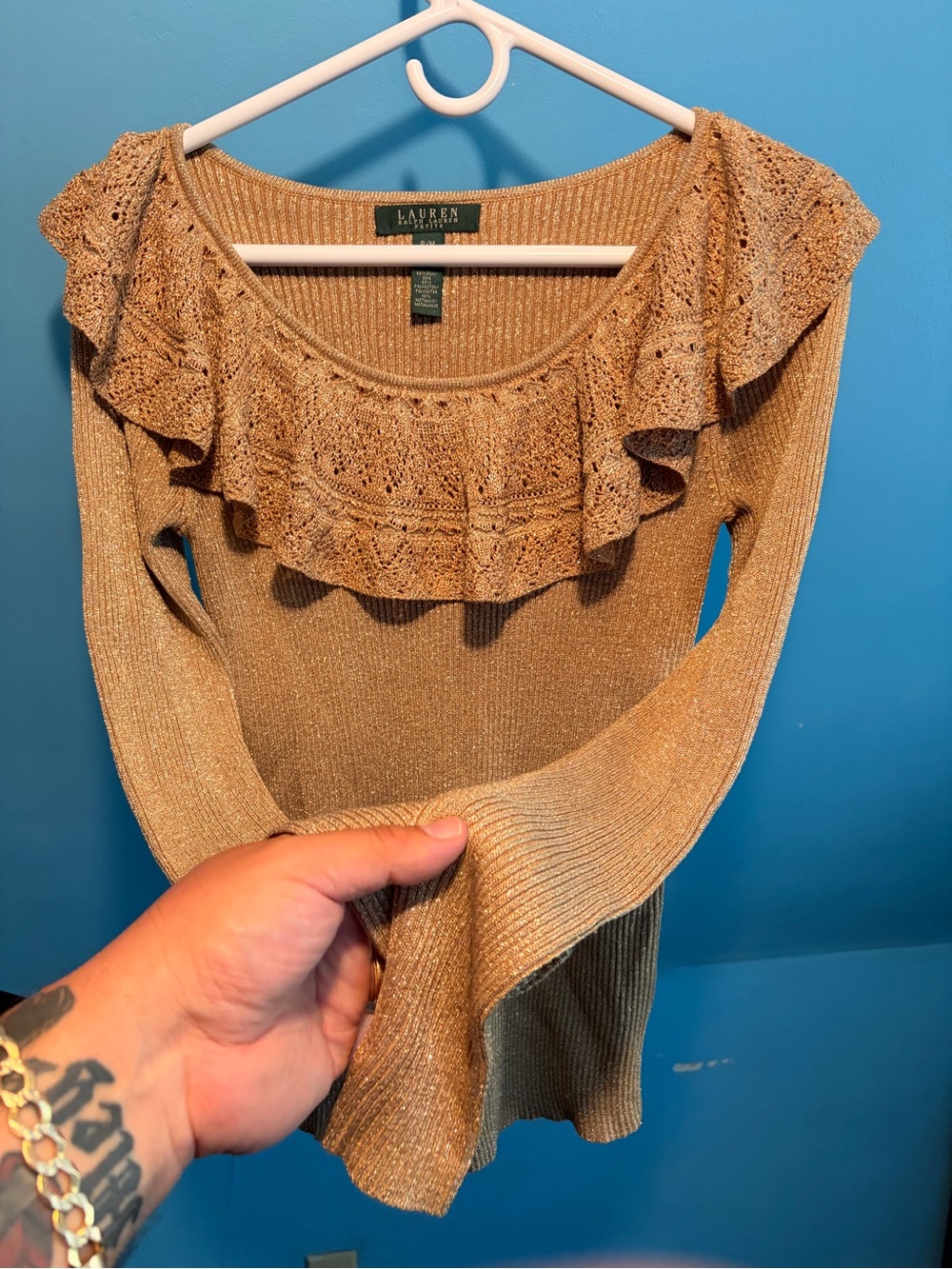 Ralph Lauren SILK GLITTER GOLD Metallic Knit Ruffle Neck Sweater - Gold